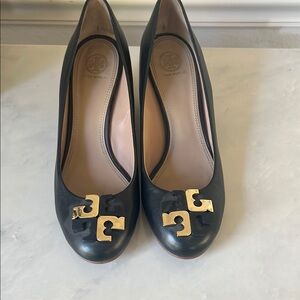 Tory Burch Black Leather Wedges.